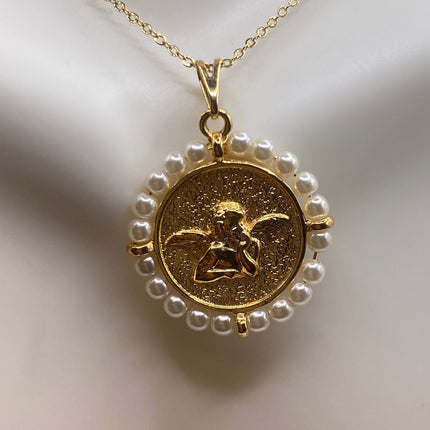 Vintage Gold Pendant Necklace | Tiny Pearl Gemstone 9k GF Cherub Angel Amulet on a Gold Filled Chain Necklace