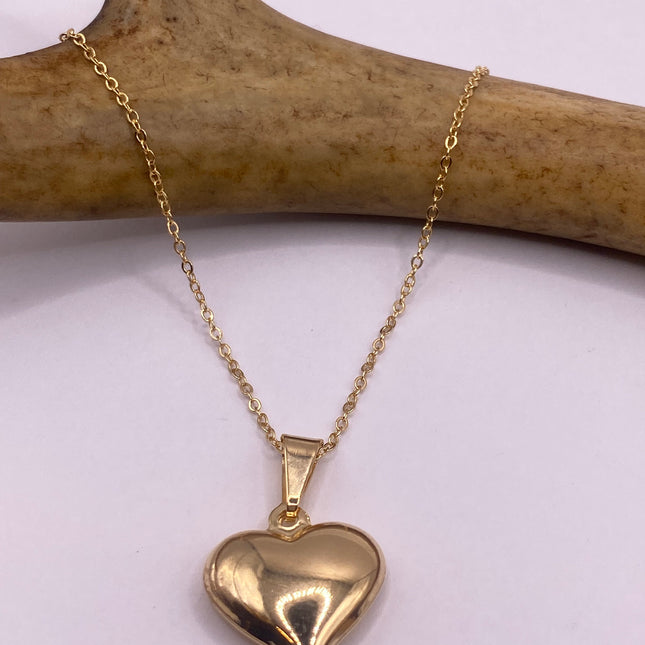 Vintage Gold Pendant Necklace | 9K GF Tiny Puffed Heart Love Lucky Memory Charm Delicate Gold Chain | Everyday Stacking Wedding Prom Jewelry