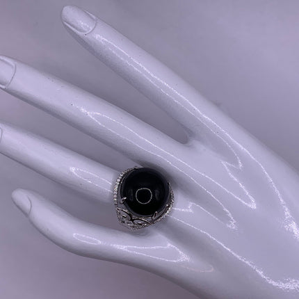 Vintage Black Onyx Cocktail Ring 925 Sterling Silver Band , Antique Style Design