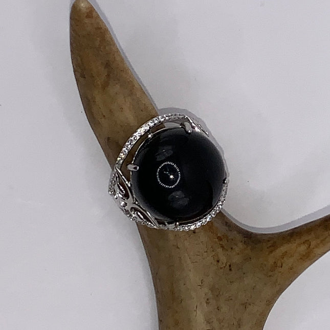 Vintage Black Onyx Cocktail Ring 925 Sterling Silver Band , Antique Style Design