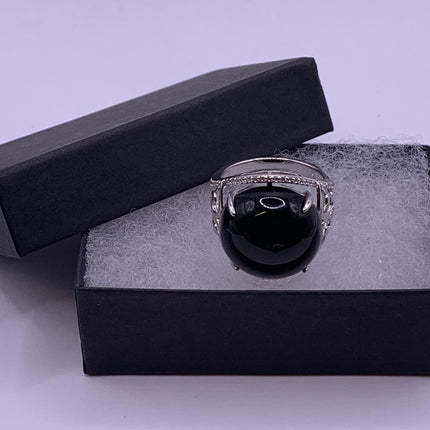 Vintage Black Onyx Cocktail Ring 925 Sterling Silver Band , Antique Style Design