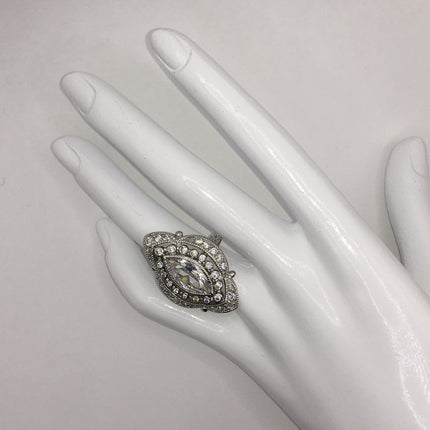 Vintage Silver Ring | Cubic Zirconia Clear Crystal Diamond Boho Cocktail | 925 Sterling Silver Antique Pave Set Wedding Band Statement Ring