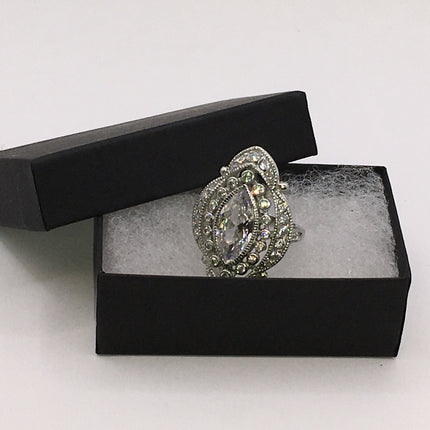 Vintage Silver Ring | Cubic Zirconia Clear Crystal Diamond Boho Cocktail | 925 Sterling Silver Antique Pave Set Wedding Band Statement Ring