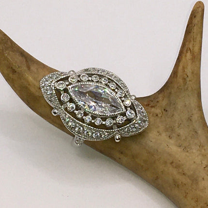 Vintage Silver Ring | Cubic Zirconia Clear Crystal Diamond Boho Cocktail | 925 Sterling Silver Antique Pave Set Wedding Band Statement Ring