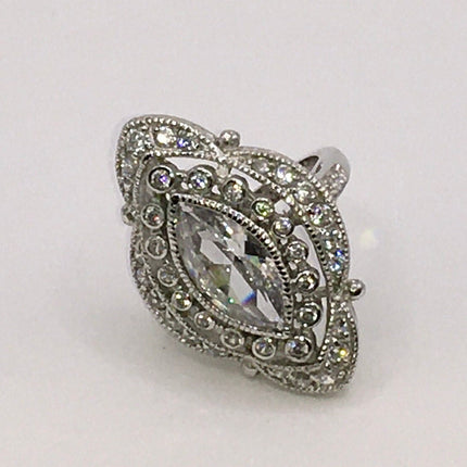 Vintage Silver Ring | Cubic Zirconia Clear Crystal Diamond Boho Cocktail | 925 Sterling Silver Antique Pave Set Wedding Band Statement Ring