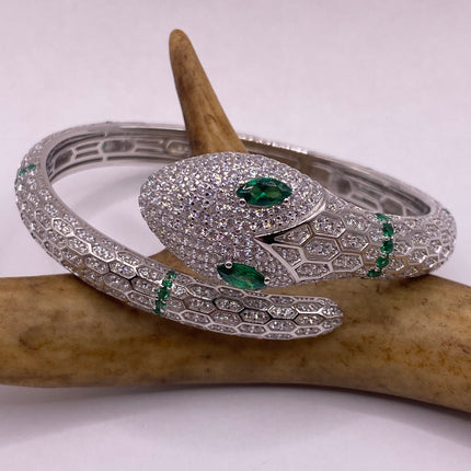 Vintage Silver Snake Bracelet | Emerald Green and Cubic Zirconia Crystal Diamond Serpent Bangle Cuff | 925 Sterling Silver Bracelet