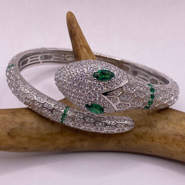 Vintage Silver Snake Bracelet | Emerald Green and Cubic Zirconia Crystal Diamond Serpent Bangle Cuff | 925 Sterling Silver Bracelet