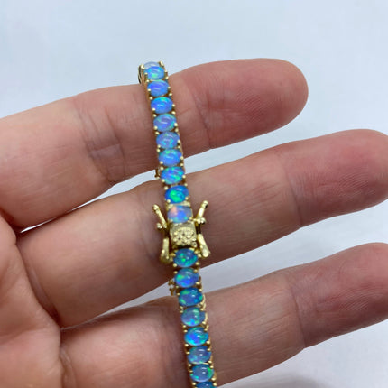 Vintage Gold Tennis Bracelet | Blue Fire Opal Gemstone Cubic Zirconia Crystal Diamond Gold 4 Prong Setting in Golden 925 Sterling Silver
