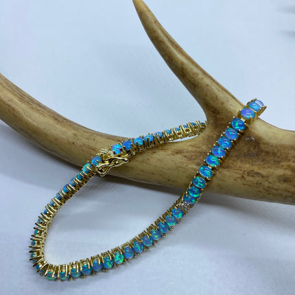 Vintage Gold Tennis Bracelet | Blue Fire Opal Gemstone Cubic Zirconia Crystal Diamond Gold 4 Prong Setting in Golden 925 Sterling Silver