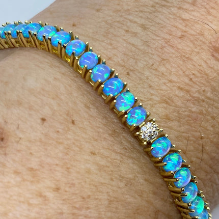 Vintage Gold Tennis Bracelet | Blue Fire Opal Gemstone Cubic Zirconia Crystal Diamond Gold 4 Prong Setting in Golden 925 Sterling Silver
