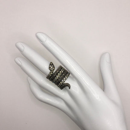 Vintage Silver Snake Ring | Clear Crystal Marcasite Eternity Serpent Ring | 925 Sterling Silver Wedding Band | Unique Gift