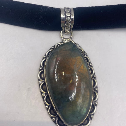 Vintage Labradorite Velvet Choker Silver Necklace - antique design