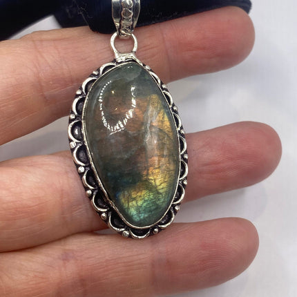 Vintage Labradorite Velvet Choker Silver Necklace - antique design