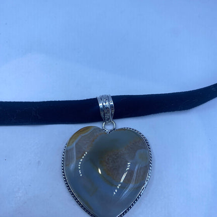 Vintage Choker Boho Agate Heart Silver Necklace