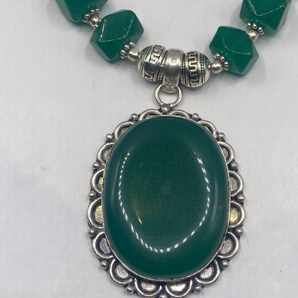 Vintage Green Onyx Beaded Silver Bronze Necklace set