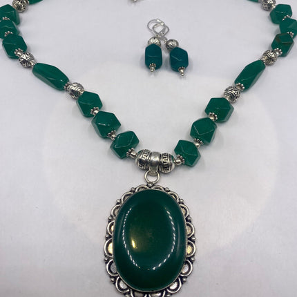 Vintage Green Onyx Beaded Silver Bronze Necklace set