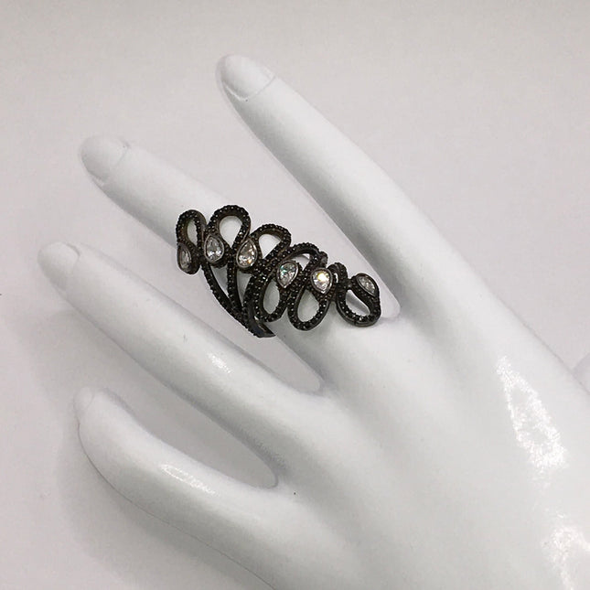 Vintage Crystal Statement Boho Cocktail Ring 925 Sterling Silver