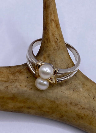 Vintage Silver Ring | Dainty White Pearl Gemstone | 925 Sterling Silver Band Unique Two Stone Cocktail Promise Engagement Wedding Ring
