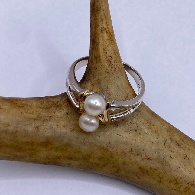 Vintage Silver Ring | Dainty White Pearl Gemstone | 925 Sterling Silver Band Unique Two Stone Cocktail Promise Engagement Wedding Ring