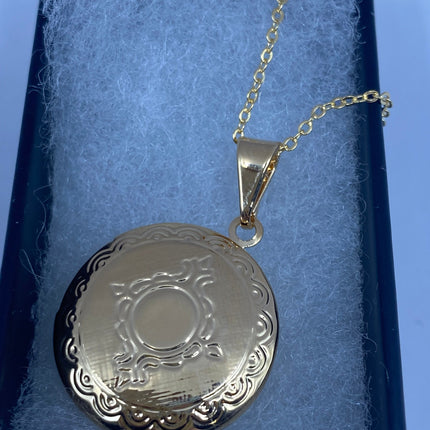 Vintage Gold Locket | Tiny Round Etched Engraved 9K Gold Filled Photo Memory Locket on Delicate Gold Chain | Small Photo Memory Necklace