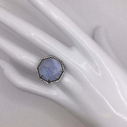 Vintage Blue Lace Agate Crystal Cocktail Ring 925 Sterling Silver, Antique Style Design