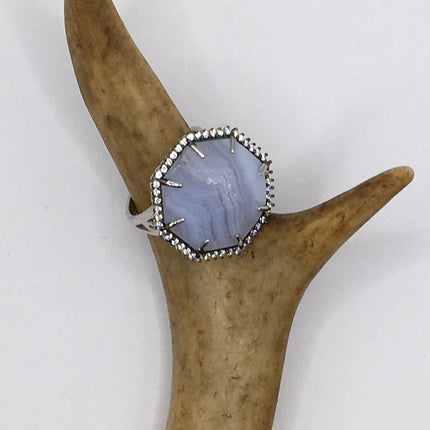 Vintage Blue Lace Agate Crystal Cocktail Ring 925 Sterling Silver, Antique Style Design