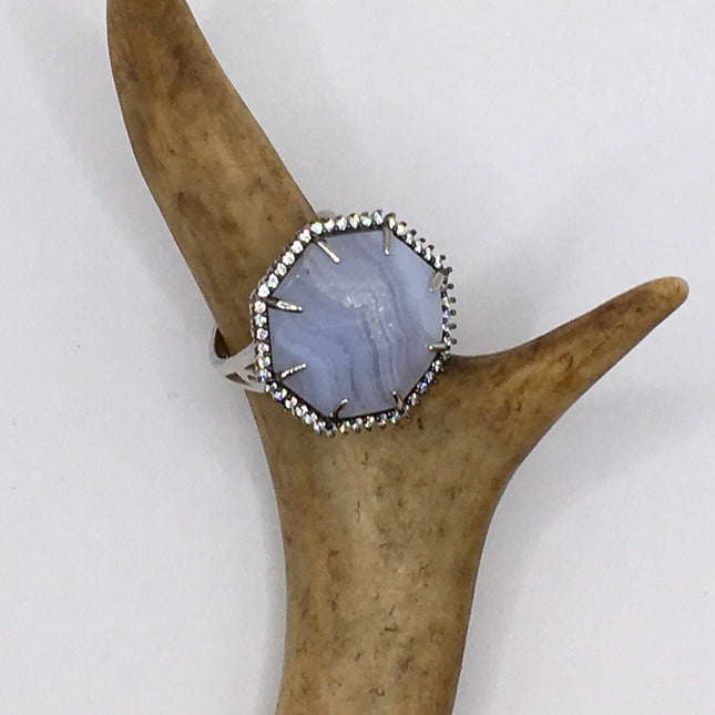 Vintage Blue Lace Agate Crystal Cocktail Ring 925 Sterling Silver, Antique Style Design