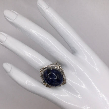 Vintage Blue Lapis Lazuli Crystal Cocktail Ring 925 Sterling Silver, Antique Style Design