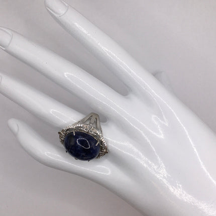 Vintage Blue Lapis Lazuli Crystal Cocktail Ring 925 Sterling Silver, Antique Style Design