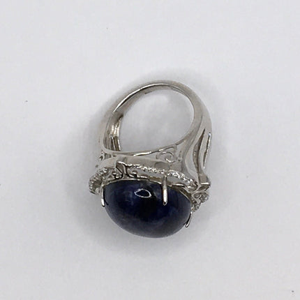 Vintage Blue Lapis Lazuli Crystal Cocktail Ring 925 Sterling Silver, Antique Style Design
