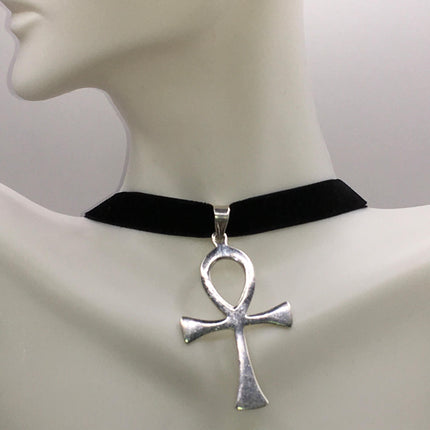 Vintage Ankh 925 Sterling Silver Black Velvet Choker Necklace