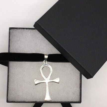 Vintage Ankh 925 Sterling Silver Black Velvet Choker Necklace