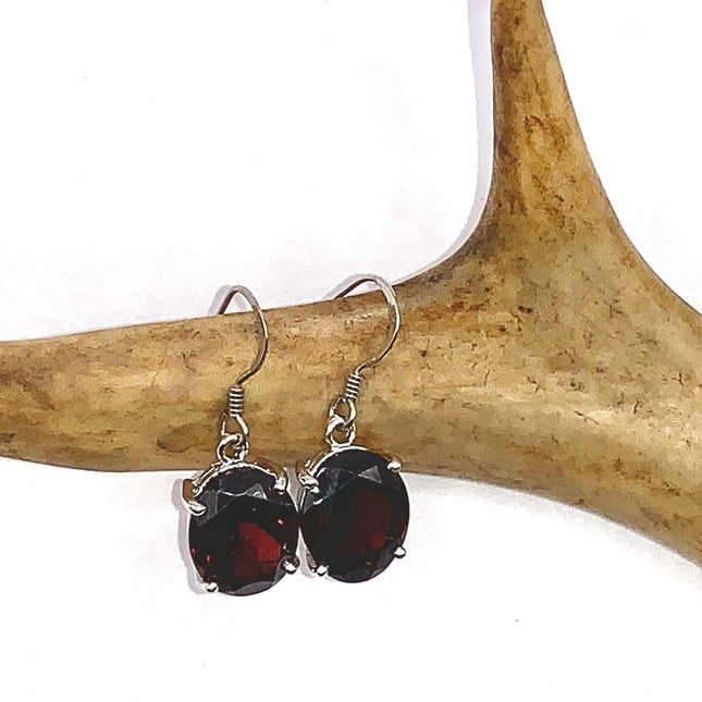 Vintage Silver Earrings | Garnet Gemstone 925 Sterling Silver Hook Dangle Drop Earrings