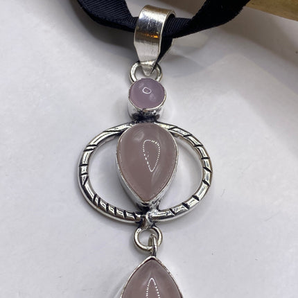 Vintage Pink Rose Quartz Choker Silver Necklace