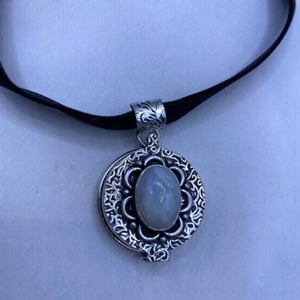 Vintage Poison Pillbox Velvet Choker Photo Locket - Silver ,White Bronze, Rainbow Moonstone, Antique Design Necklace