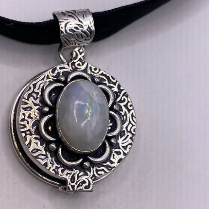 Vintage Poison Pillbox Velvet Choker Photo Locket - Silver ,White Bronze, Rainbow Moonstone, Antique Design Necklace