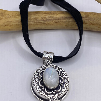Vintage Poison Pillbox Velvet Choker Photo Locket - Silver ,White Bronze, Rainbow Moonstone, Antique Design Necklace