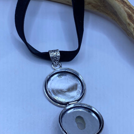 Vintage Poison Pillbox Velvet Choker Locket - Silver, White Bronze, Antique Design, Milk Glass Necklace