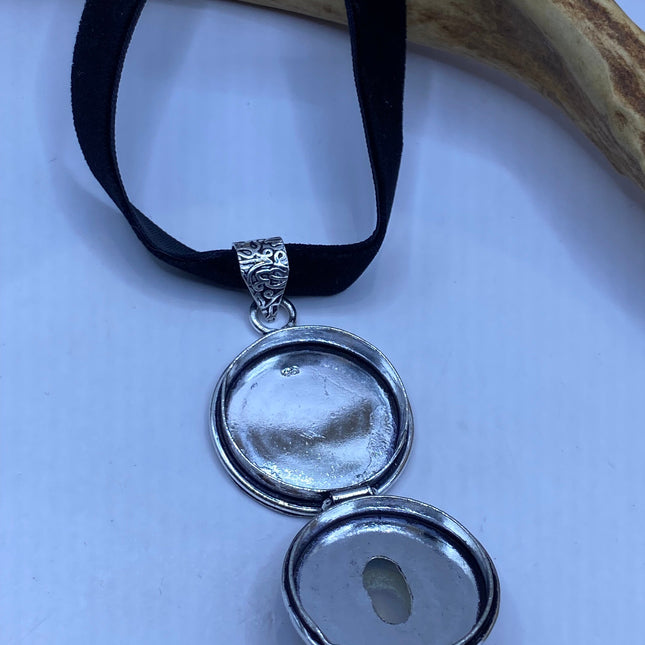 Vintage Poison Pillbox Velvet Choker Locket - Silver, White Bronze, Antique Design, Milk Glass Necklace
