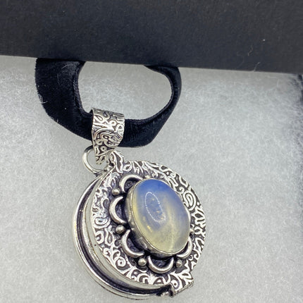 Vintage Poison Pillbox Velvet Choker Locket - Silver, White Bronze, Antique Design, Milk Glass Necklace