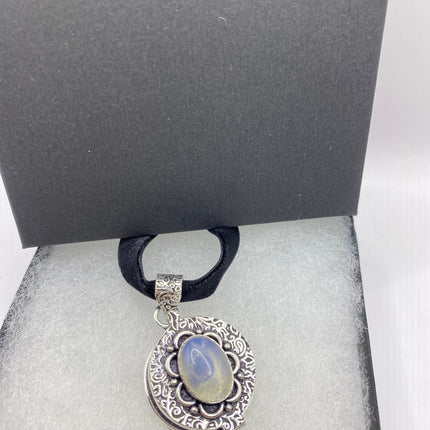 Vintage Poison Pillbox Velvet Choker Locket - Silver, White Bronze, Antique Design, Milk Glass Necklace