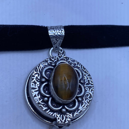Vintage Poison Pillbox Velvet Choker Locket - Silver, White Bronze, Tigers Eye, Antique Design, Necklace