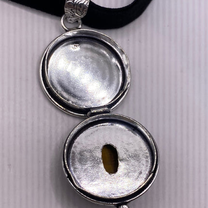 Vintage Poison Pillbox Velvet Choker Locket - Silver, White Bronze, Tigers Eye, Antique Design, Necklace