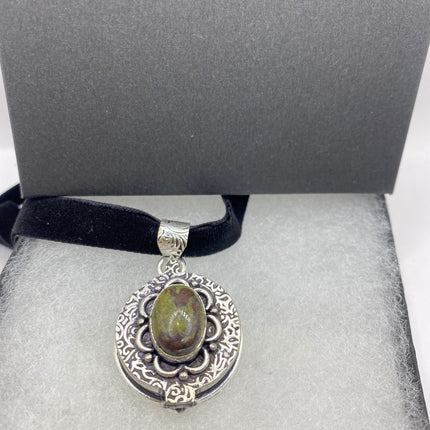Vintage Poison Pillbox Velvet Choker Locket - Silver, White Bronze, Grey Snowflake Obsidian Necklace