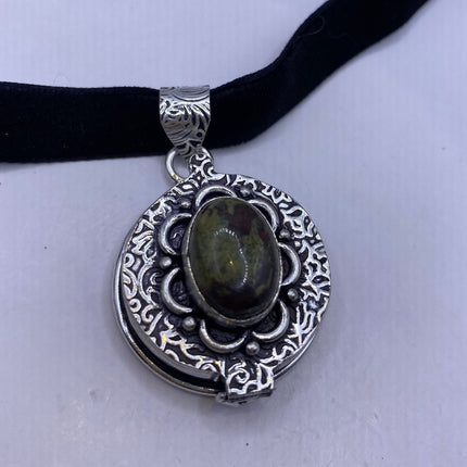 Vintage Poison Pillbox Velvet Choker Locket - Silver, White Bronze, Grey Snowflake Obsidian Necklace