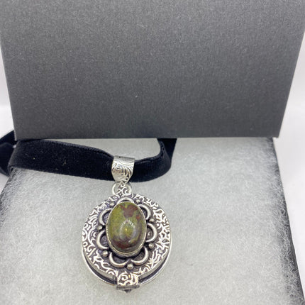 Vintage Poison Pillbox Velvet Choker Locket - Silver, White Bronze, Unakite, Antique Design, Necklace