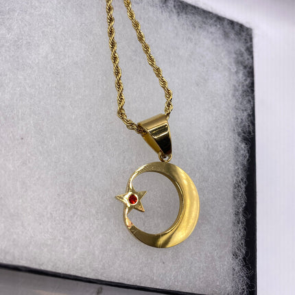 Vintage Gold Pendant | Nation of Islam Muslim Moon Crescent Star Charm | Golden Stainless Steel 22 Inch Chain Necklace