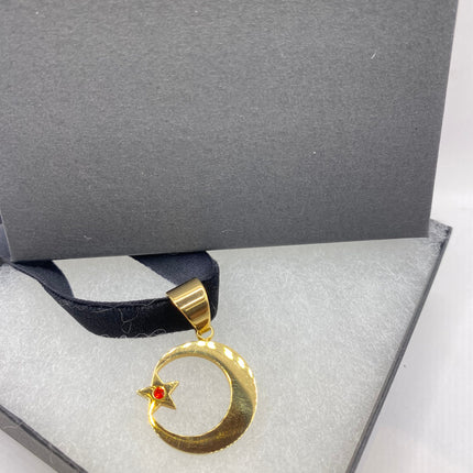 Vintage Gold Pendant | Nation of Islam Muslim Moon Crescent Star Charm | Golden Stainless Steel 22 Inch Chain Necklace
