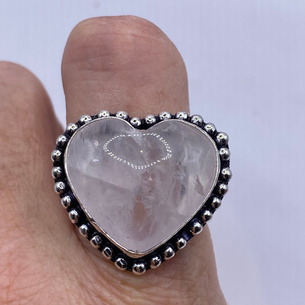 Vintage Pink Rose Quartz Heart Ring Silver Band