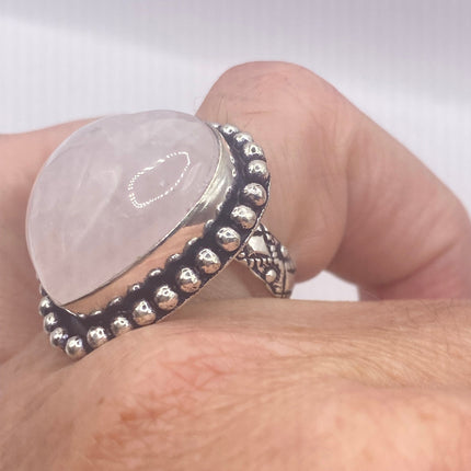 Vintage Pink Rose Quartz Heart Ring Silver Band